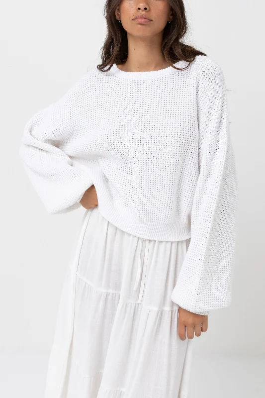 Classic Knit Jumper White Front Pockets Side Pockets Patch Pockets