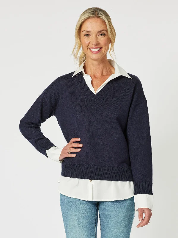 Dee 2 in 1 Knit Jumper - Navy/White Graphic Sweater Embroidered Appliqued
