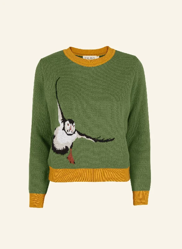 Esther Long Knitted Jumper - Green Puffin Toggled Drawstring Belted
