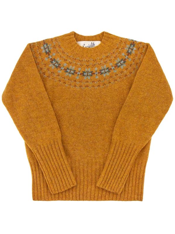 Fairisle 40s Style Pure Scottish Wool Jumper in Cumin Orange Knit Fabric Woven Fabric Fleece Fabric