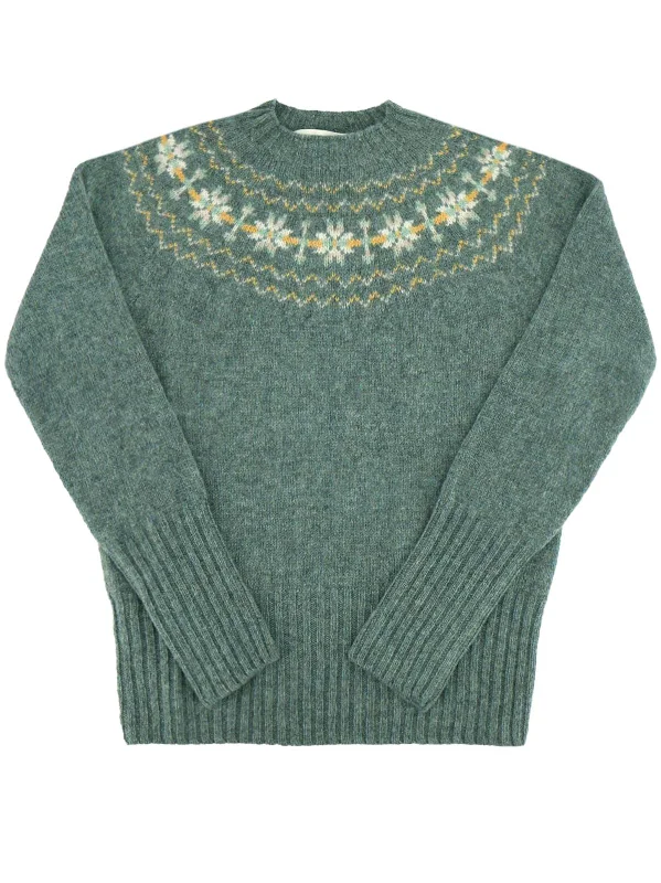 Fairisle 40s Style Pure Scottish Wool Jumper in Graphite Green Satin Blend Silk Blend Wool Blend