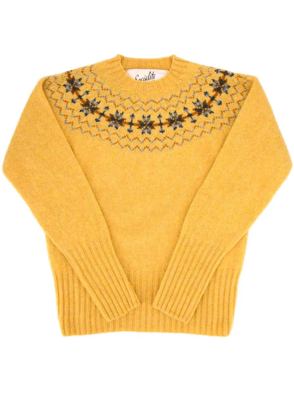 Fairisle 40s Style Pure Scottish Wool Jumper in Marzipan Yellow Ribbed Striped Patterned Fairisle 40s Style Pure Scottish Wool Jumper in Marzipan Yellow Ribbed Striped Patterned