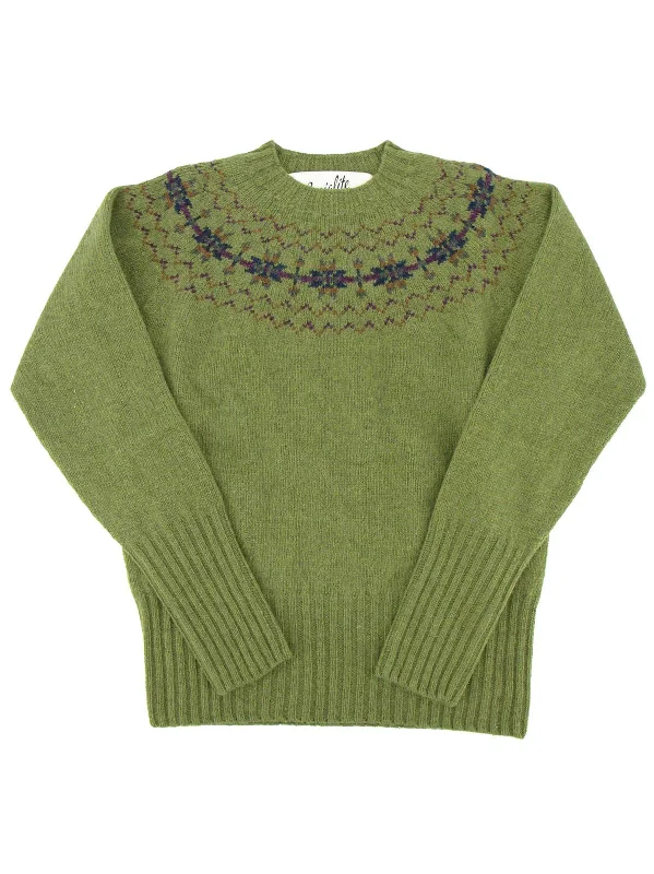Fairisle 40s Style Pure Scottish Wool Jumper in Olive Green High Neck Crew Neck V-Neck Fairisle 40s Style Pure Scottish Wool Jumper in Olive Green High Neck Crew Neck V-Neck
