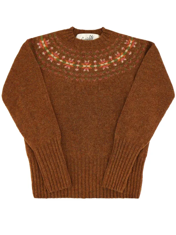 Fairisle 40s Style Pure Scottish Wool Jumper in Sienna Brown Print Jacquard Patchwork Fairisle 40s Style Pure Scottish Wool Jumper in Sienna Brown Print Jacquard Patchwork