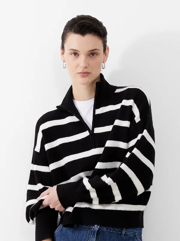 French Connection Vhari Half Zip Jumper-Black/Winter White-78LZF Wool Fabric Cashmere Fabric Tweed Fabric French Connection Vhari Half Zip Jumper-Black/Winter White-78LZF Wool Fabric Cashmere Fabric Tweed Fabric