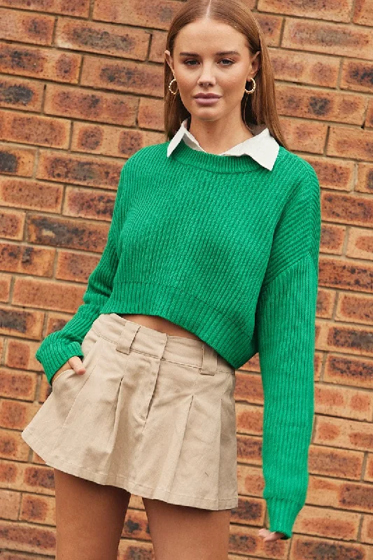 Green Knit Jumper Round Neck Long Sleeve Crop Cotton Stylish Fashionable Trendy