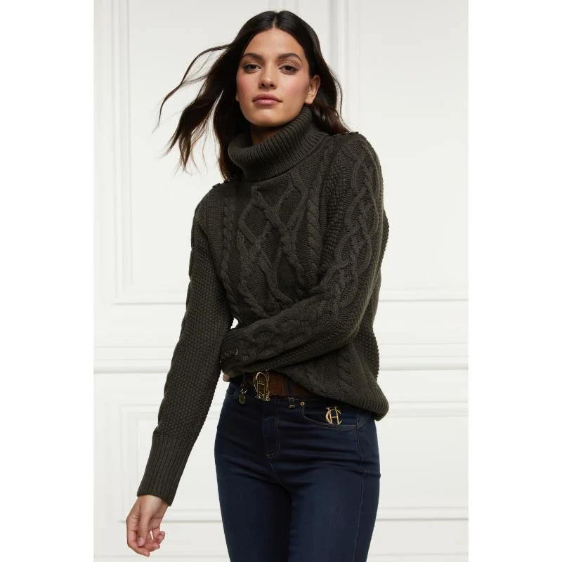 Holland Cooper Cortina Roll Neck Ladies Knit Jumper - Fern Green Thin Thick Dense