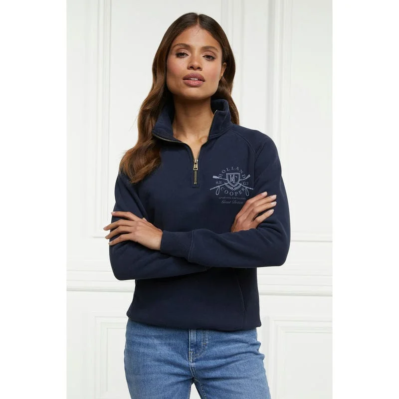 Holland Cooper Crest Zip Henley Ladies Jumper - Ink Navy Polka Dot Checkered Tartan