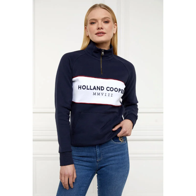 Holland Cooper Sporting Heritage Zip Henley Ladies Jumper - Ink Navy Mesh Fabric Canvas Fabric Denim Fabric