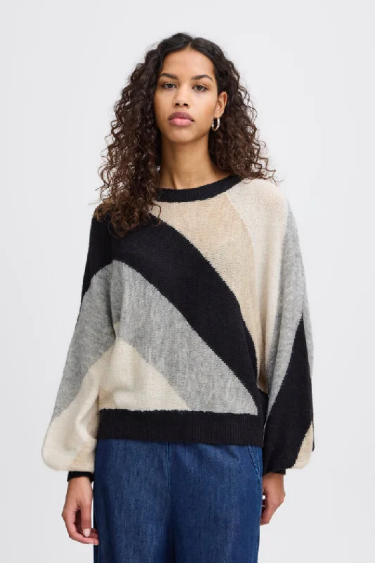 Ichi Kamara Jumper-Black Stripes-20121399 Cashmere Blend Cotton Blend Poly Blend