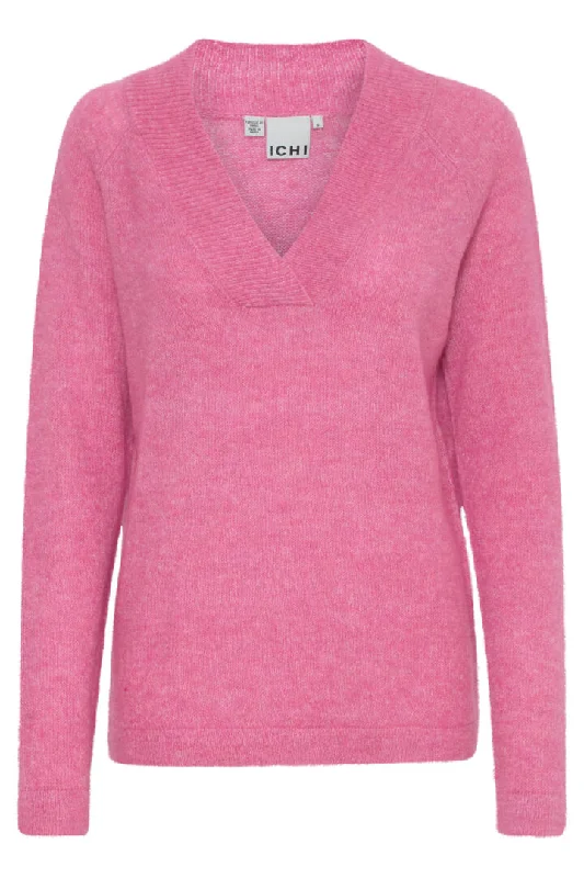 Ichi Kamara V Neck Jumper-Super Pink-20116697 Chenille Brocade Lace