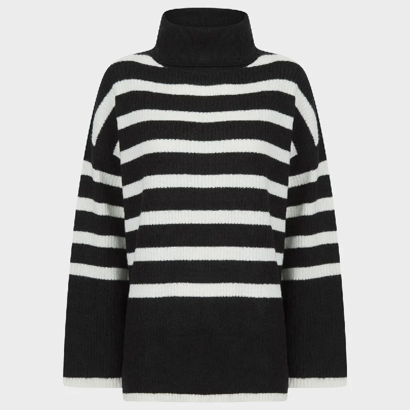 Ladies Black Stripe Roll Neck Jumper Iron Safe Non-Iron Wrinkle Free