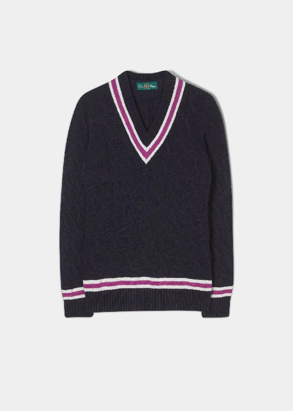 Heather Ladies Cable Knit Cricket Jumper In Navy Herringbone Houndstooth Plaid