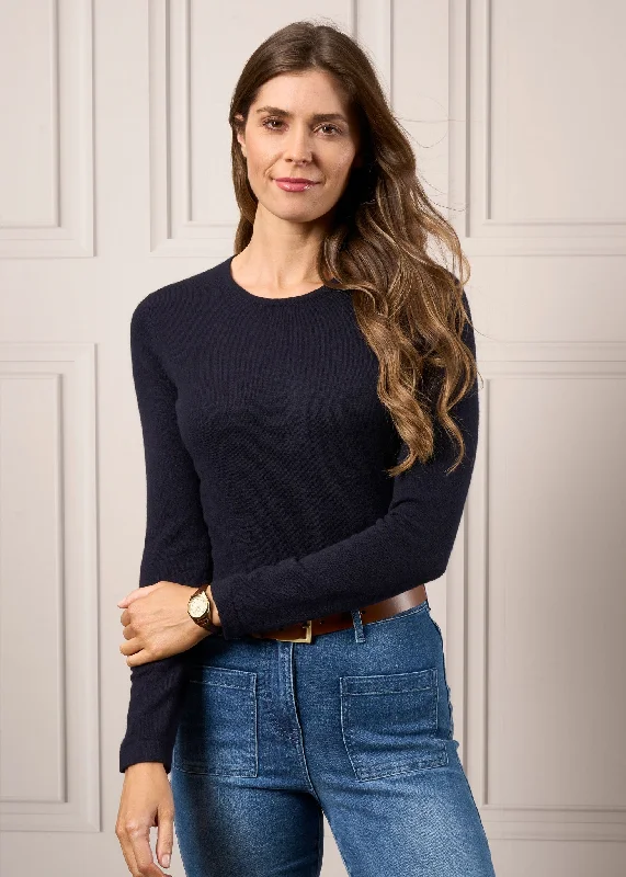 Ladies Cashmere Inset Sleeve Crew Neck Jumper In Dark Navy Neon Metallic Matte