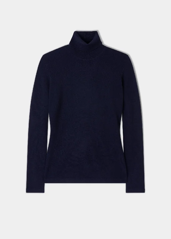 Alison Ladies Cashmere Roll Neck Jumper In Dark Navy Neon Metallic Matte