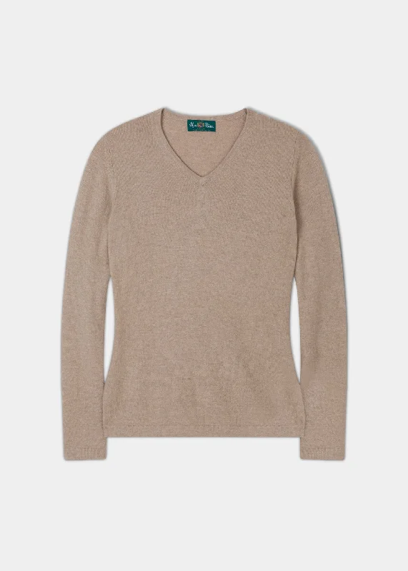 Rachel Ladies Cashmere Vee Neck Jumper In Linen Soft Cozy Warm