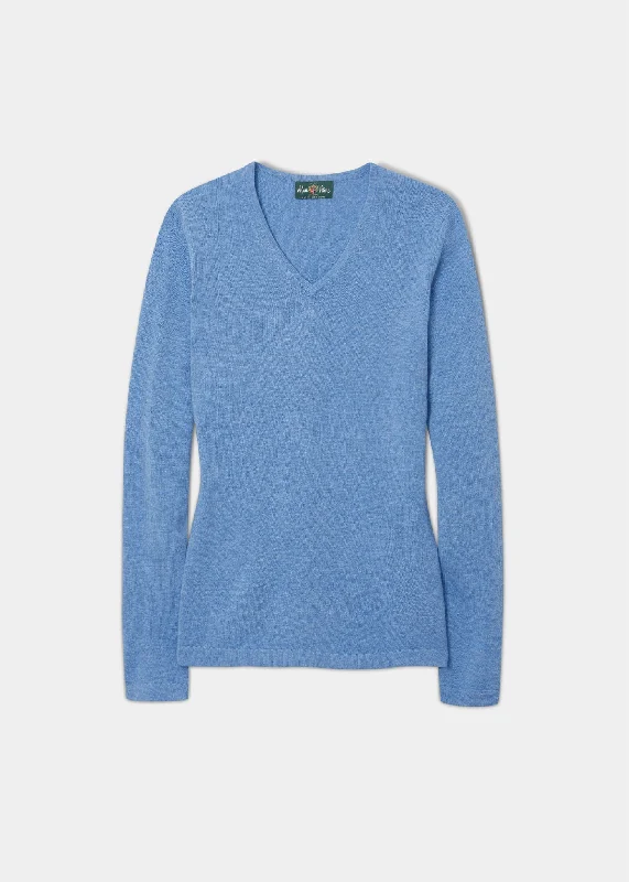 Georgina Ladies Geelong Lambswool Vee Neck Jumper In Mazerine Seamless Knitted Crochet Georgina Ladies Geelong Lambswool Vee Neck Jumper In Mazerine Seamless Knitted Crochet