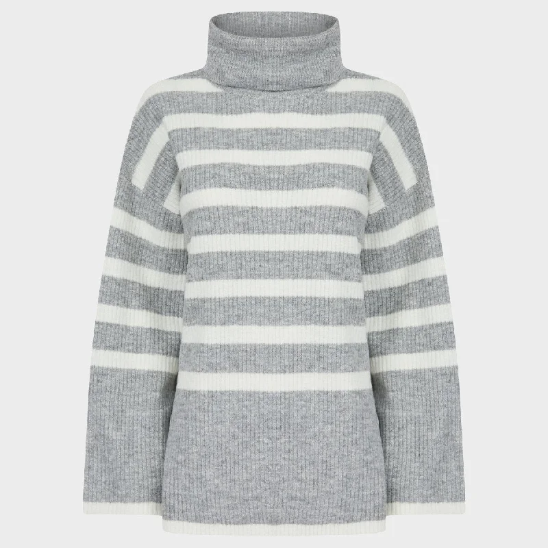 Ladies Grey Stripe Roll Neck Jumper Neon Metallic Matte