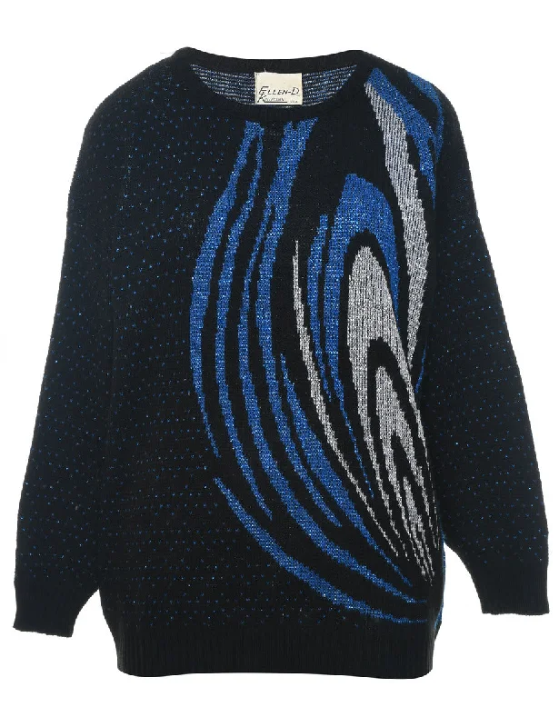 Lurex Thread Pattern Black & Blue 1980s Jumper - L Fitted Loose Oversized
