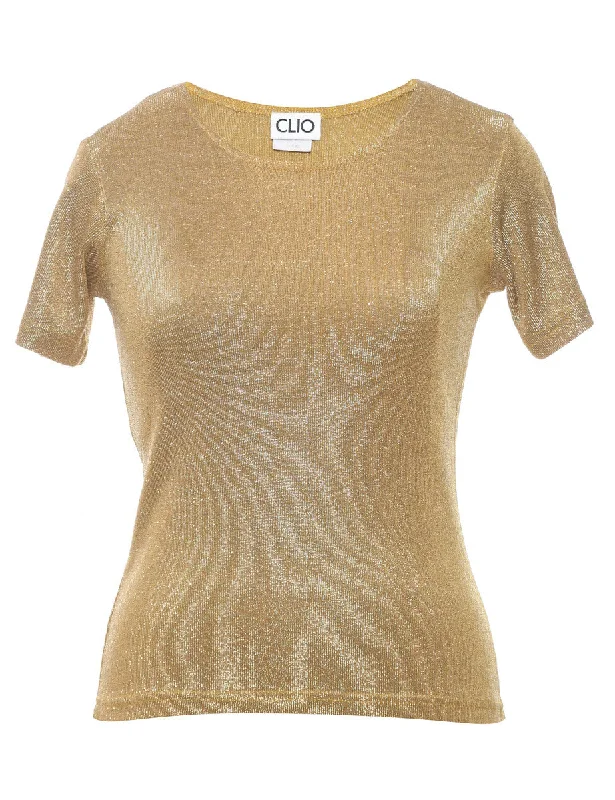 Lurex Thread Pattern Gold Short-Sleeve Jumper - M Spandex Rayon Corduroy