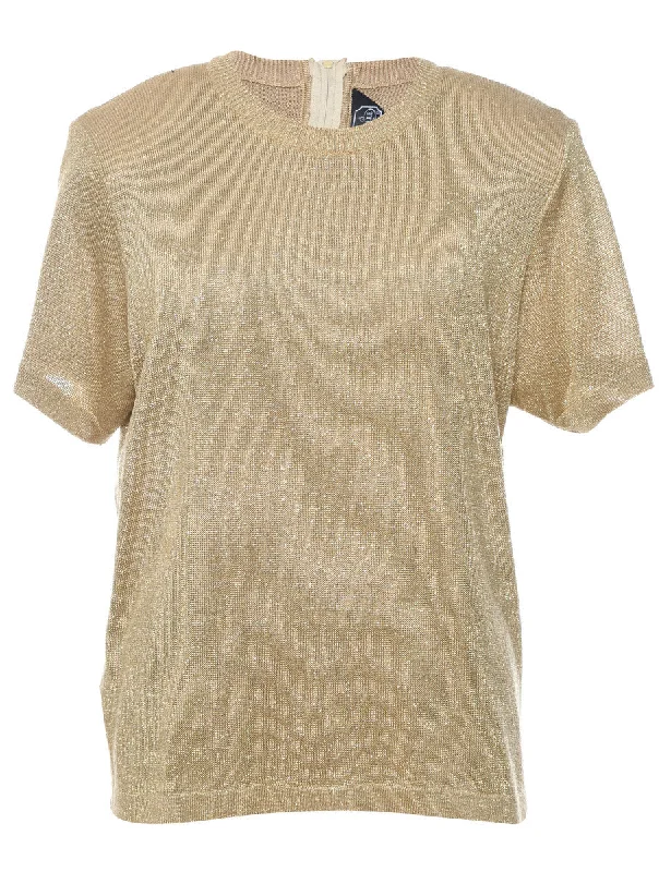 Lurex Thread Pattern Gold Short-Sleeve Jumper - XL Polka Dot Checkered Tartan