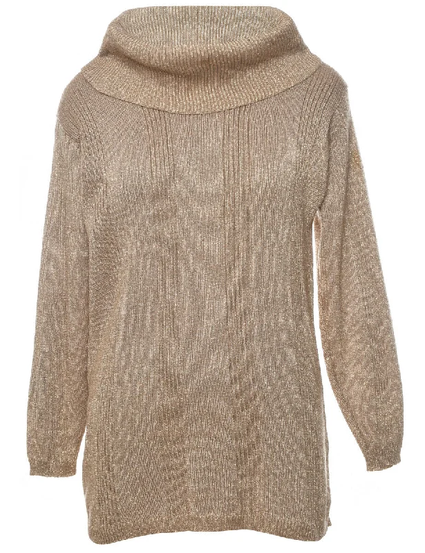 Lurex Thread Pattern Gold Sparkly Turtleneck Jumper - S Machine Wash Dry Clean Hand Wash