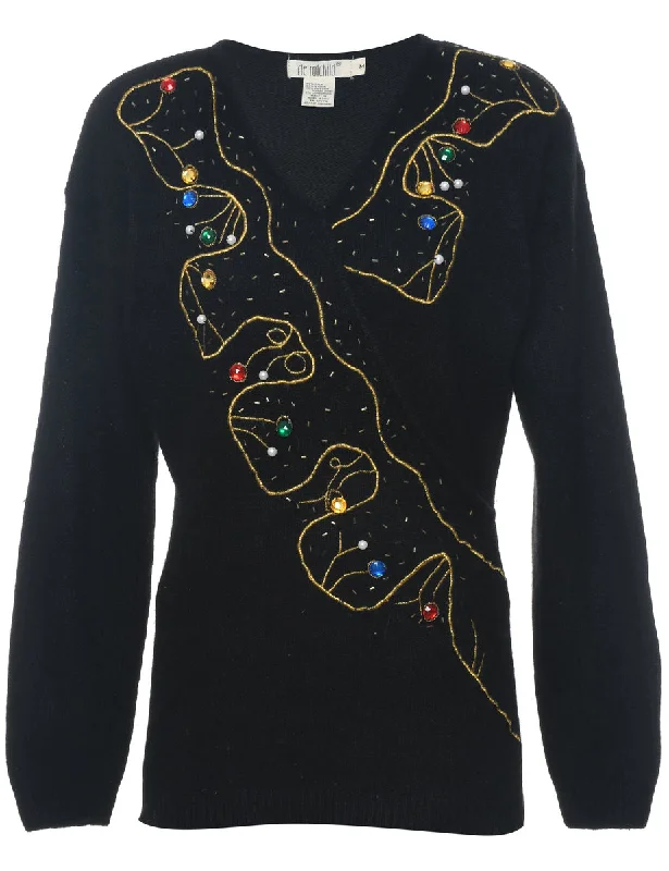 Lurex Thread Pattern Jumper - M Embroidered Appliqued Beaded