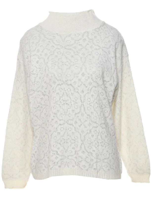 Lurex Thread Pattern Turtleneck Jumper - L Cable Knit Ribbed Knit Lace Knit