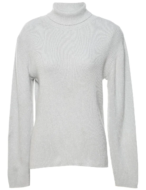 Lurex Thread Pattern Turtleneck Jumper - L Neon Metallic Matte