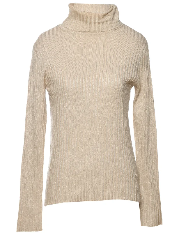 Lurex Thread Pattern Turtleneck Jumper - M Spandex Rayon Corduroy