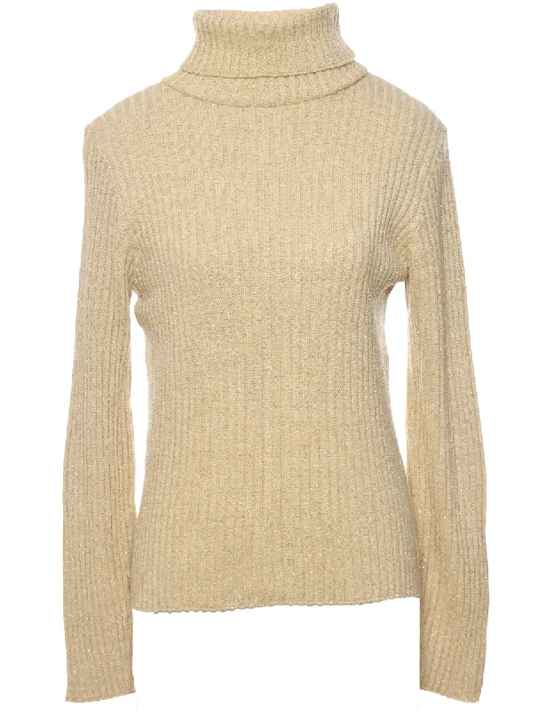 Lurex Thread Pattern Turtleneck Jumper - M Boat Neck Shawl Collar Notched Collar