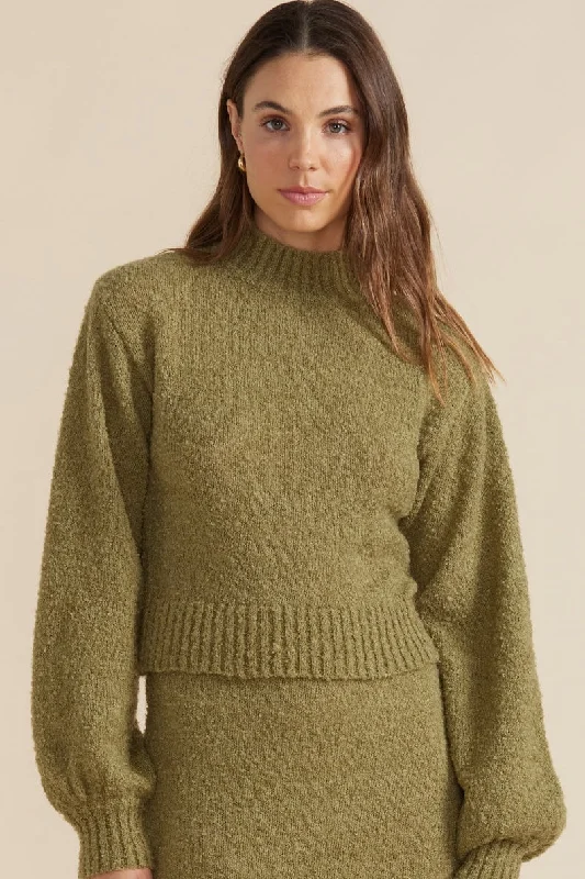 MINKPINK Womens Cher Crop Jumper Khaki Collared Crew Neck Turtle Neck