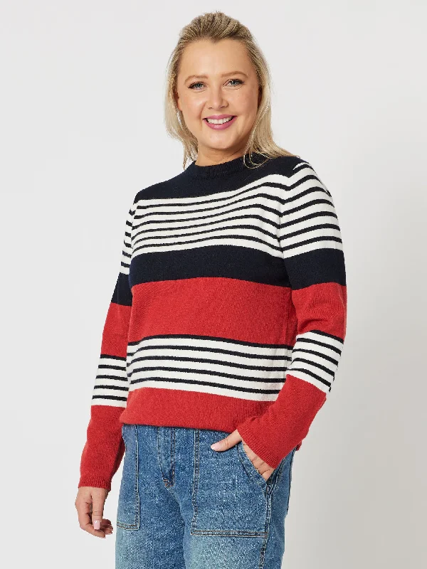 Molly Stripe Knit Jumper - Navy Print Jacquard Patchwork