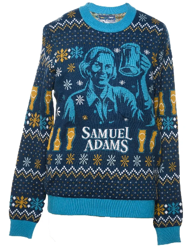 Navy Christmas Jumper - M Solid Color Striped Floral Print