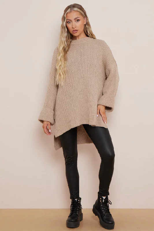Beige dip hem oversized knit jumper Mesh Sweater Canvas Denim