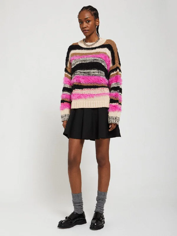 Ottod'Ame Fringed Striped Jumper Pink Turtle Neck Boat Neck Asymmetrical Neck