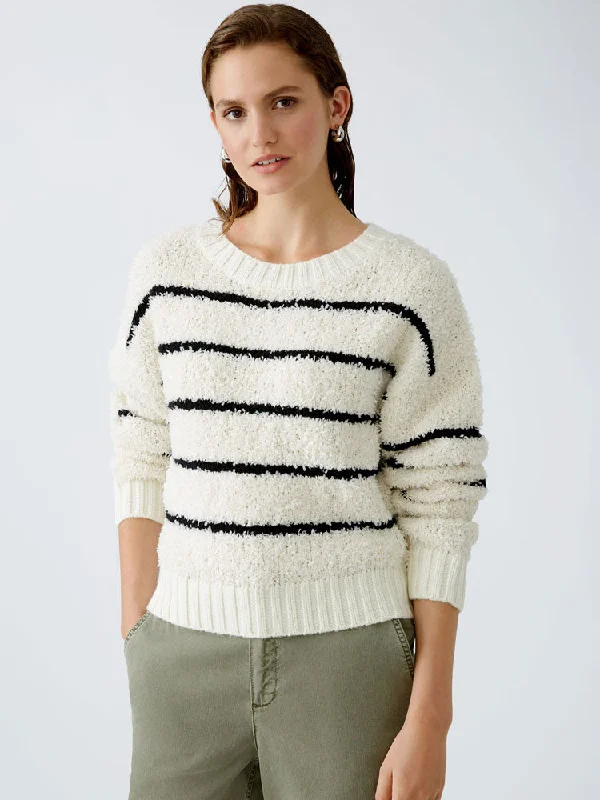 Oui Striped Jumper White & Black Real Fur Shearling Chenille
