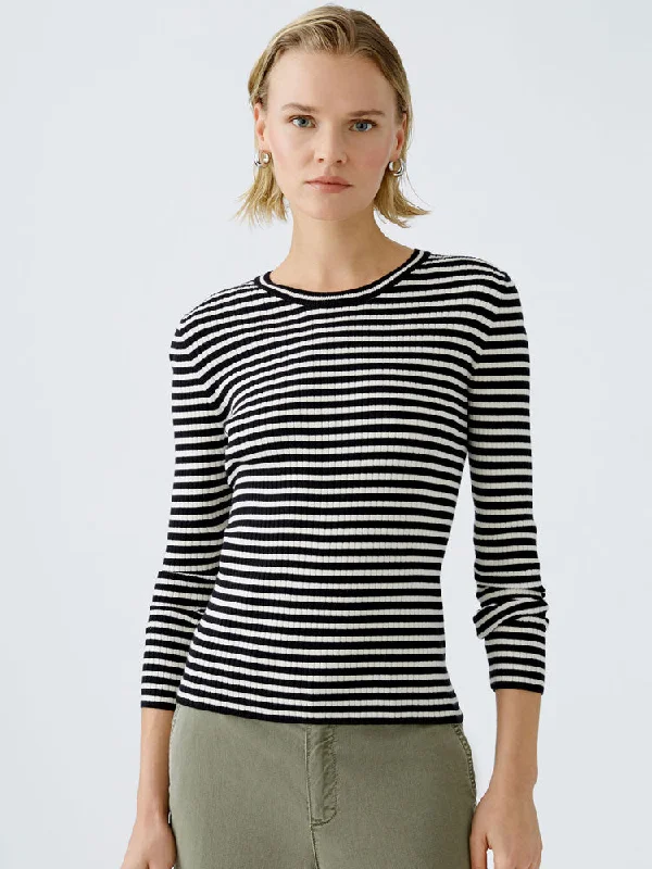 Oui Striped Thin Jumper Black & Off White Zippered Front Buttoned Front Snap Front
