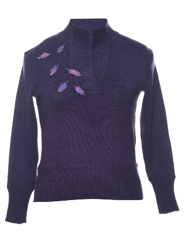 Purple Sparkly Beaded Jumper - S Fitted Slim Tailored