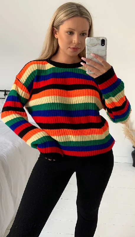 Rainbow Striped Knitted Jumper Thin Thick Dense