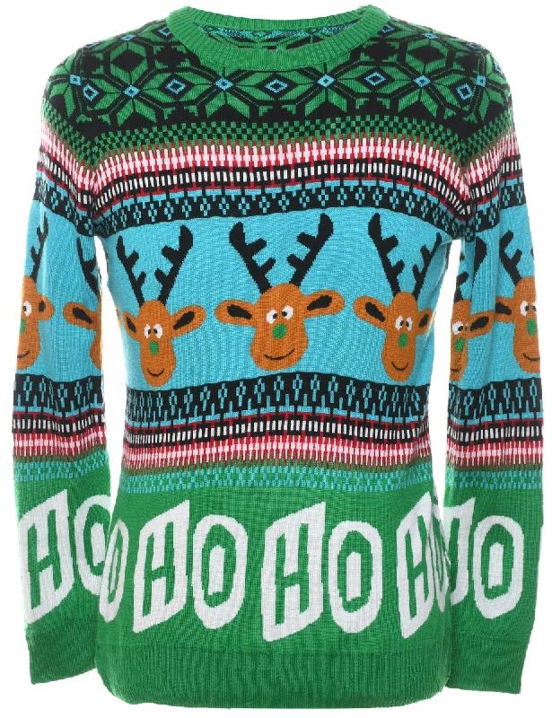 Reindeer Christmas Jumper - S Ribbed Striped Patterned