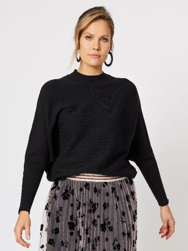 Ribbed Knit Batwing Jumper - Black Knit Fabric Woven Fabric Fleece Fabric