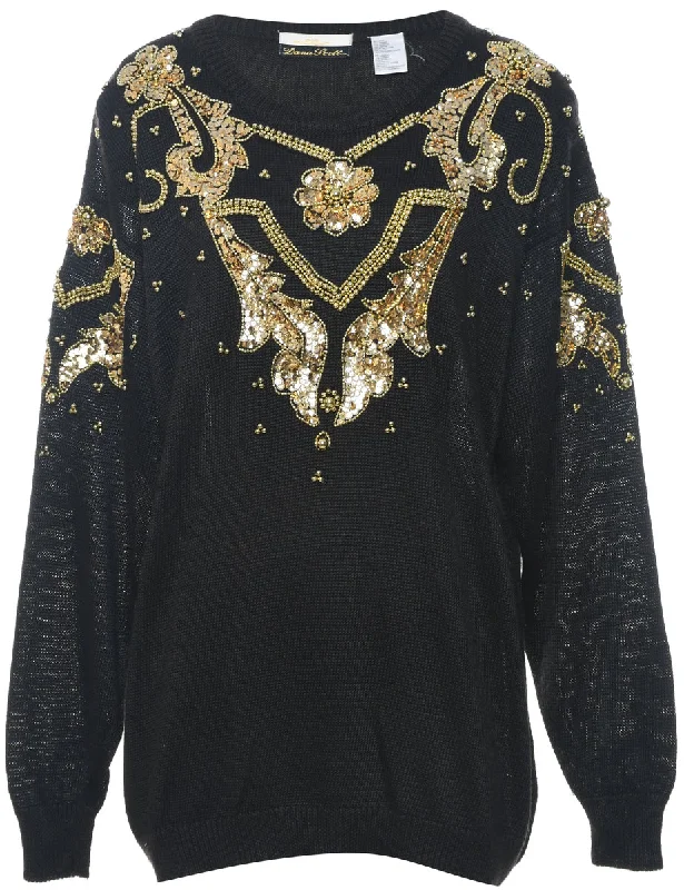 Sequined Black Jumper - L Spandex Blend Rayon Blend Denim Blend