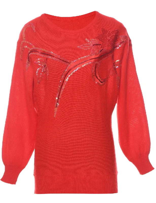 Sequined Red Jumper - M Plaid Sweater Polka Dot Checkered