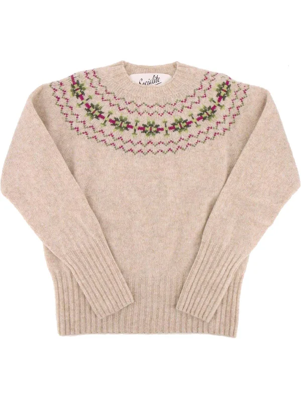 Fairisle 40s Style Scottish Wool Jumper Rosalie Beige Solid Print Embellished