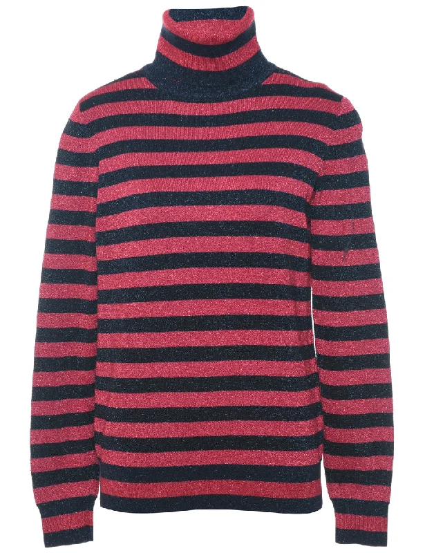 Striped Turtleneck Jumper - M Spandex Rayon Corduroy
