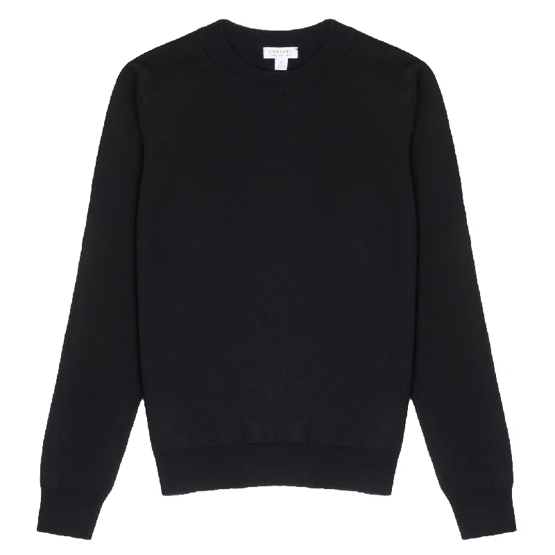 Sunspel Womens Merino Silk Crew Neck Jumper Black Herringbone Houndstooth Plaid