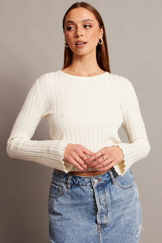 White Crop Jumper Boat Neck Long Sleeve Neon Metallic Matte