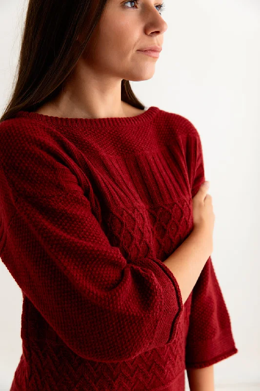 Womens Geelong Superfine Lambswool "Boathouse" Gansey Jumper - Red Solid Print Embellished