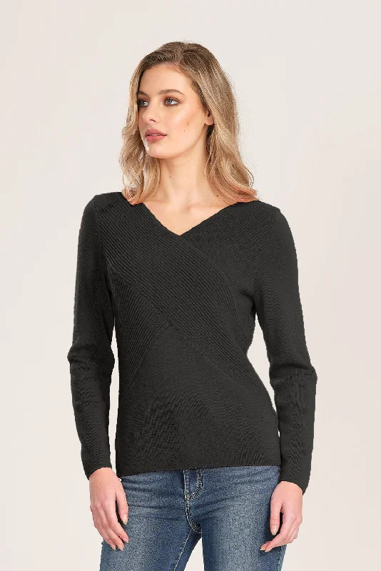 Womens LS V Rib Wrap Jumper Beaded Sweater Sequined Faux Fur